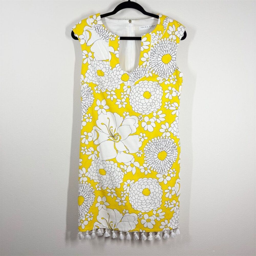 Trina Turk Always Sunny Lura Tassel‎ Trim Shift Dress Size 4 Yellow Sleeveless